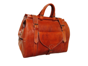 This is a vintage-style leather duffel bag crafted from premium quality brown leather