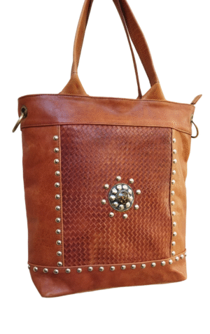 Brown leather handbag with a modern design