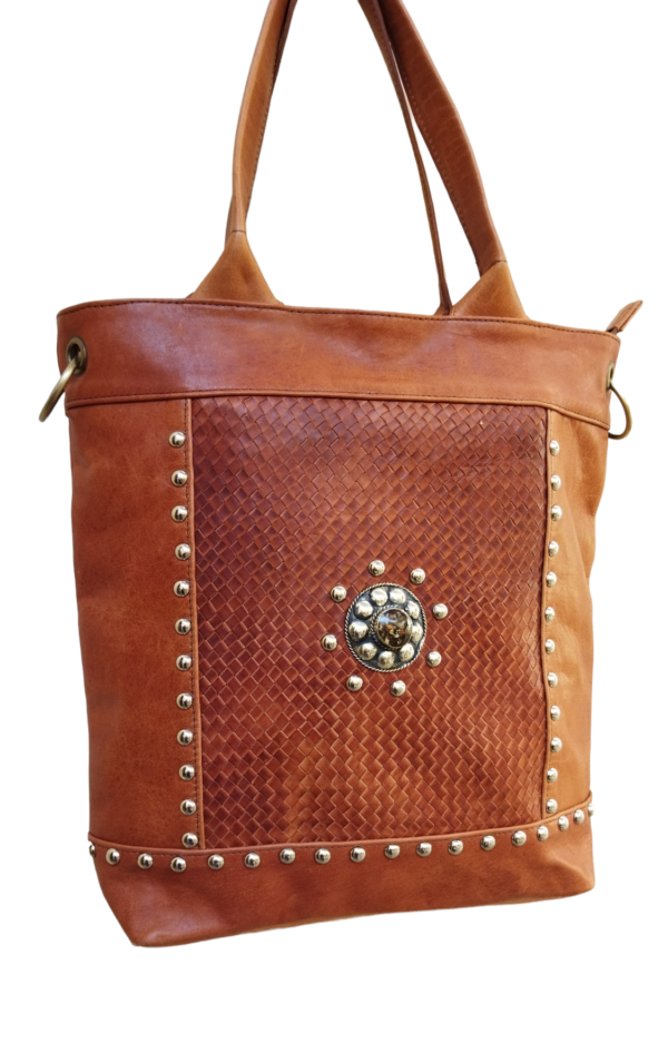 Brown leather handbag with a modern design